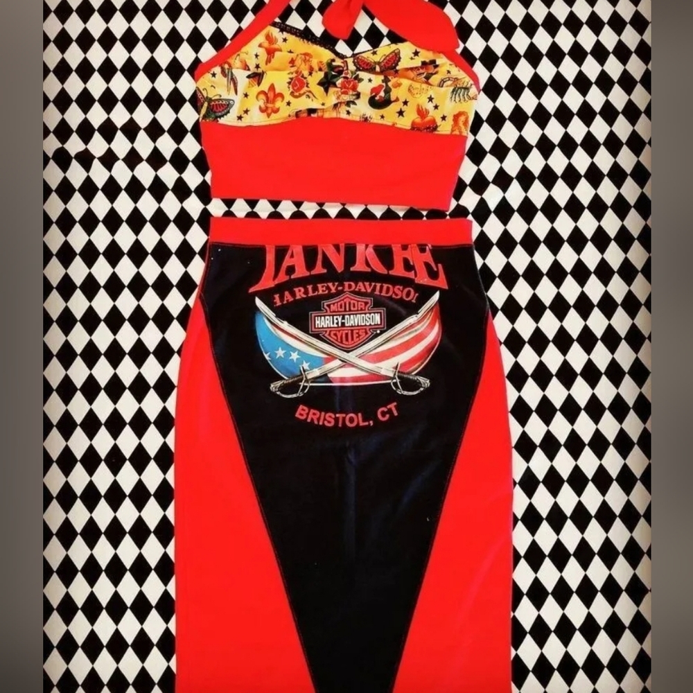 Harley Davidson Pin Up Highwaist Pencil Skirt Reworked Upcycled Motorcycle sexy